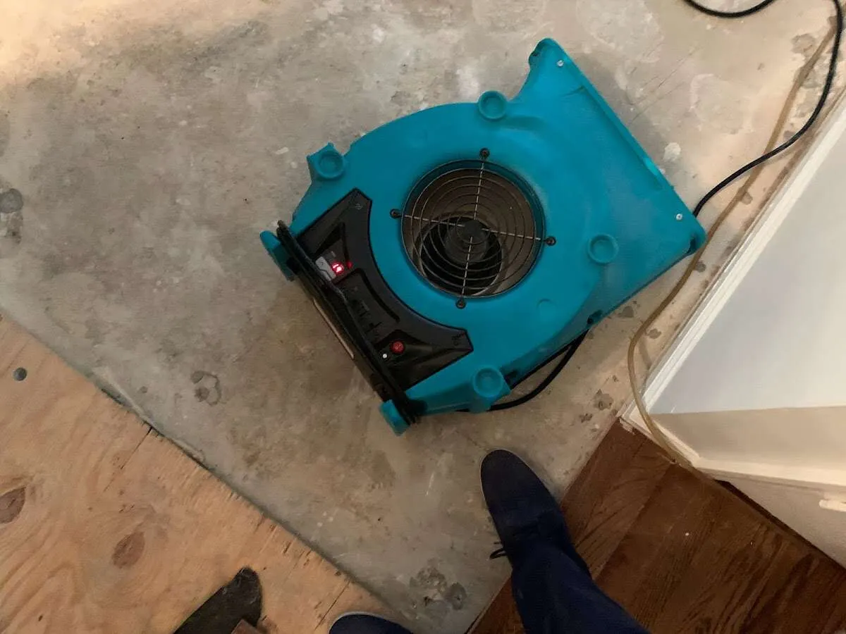 Air mover drying subfloor during Leak Detection & Repair in Northampton